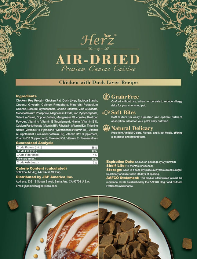 Herz Air-Dried Dog Food Chicken & Duck Liver Recipe 1 Lb, All-Natural, High-Prot