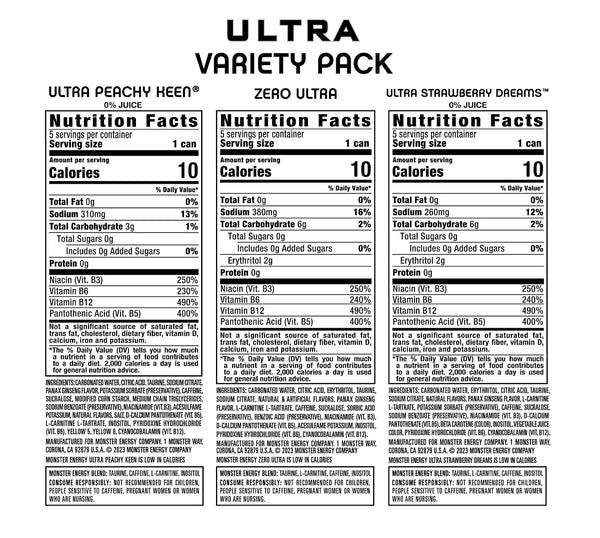Monster Energy Ultra Variety Pack, PKZSD, Sugar Free Energy Drink, 16 Ounce | Pack of 15 Zero Ultra, Strawberry Dreams, Peachy Keen 15 Pack