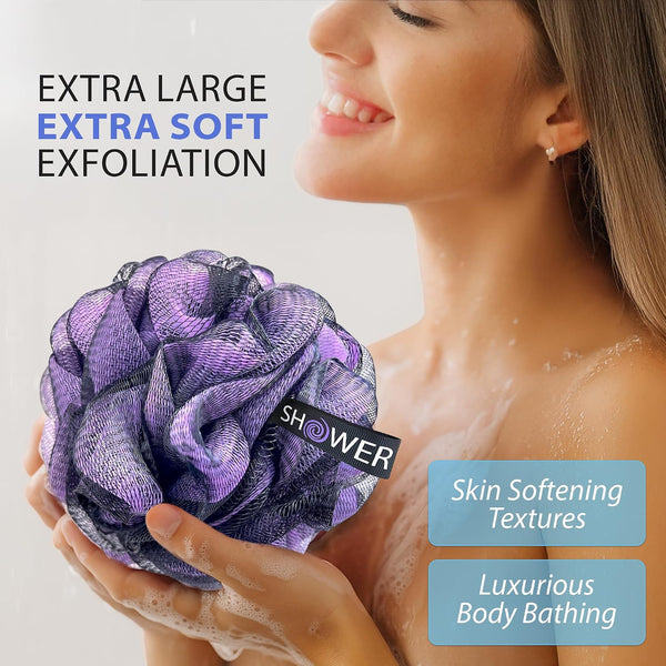 SHOWER BOUQUET Loofah-Charcoal Bath-Sponge XL-Color-4-Pack Extra-Large 75g Charcoal Blue, Green, Purple & Red