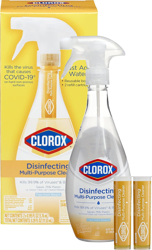 Clorox Disinfecting Multi-Purpose Cleaner Starter Kit, Household Essentials, One Reusable Spray Bottle Plus 2 Refills 2 Count (Pack of 1)
