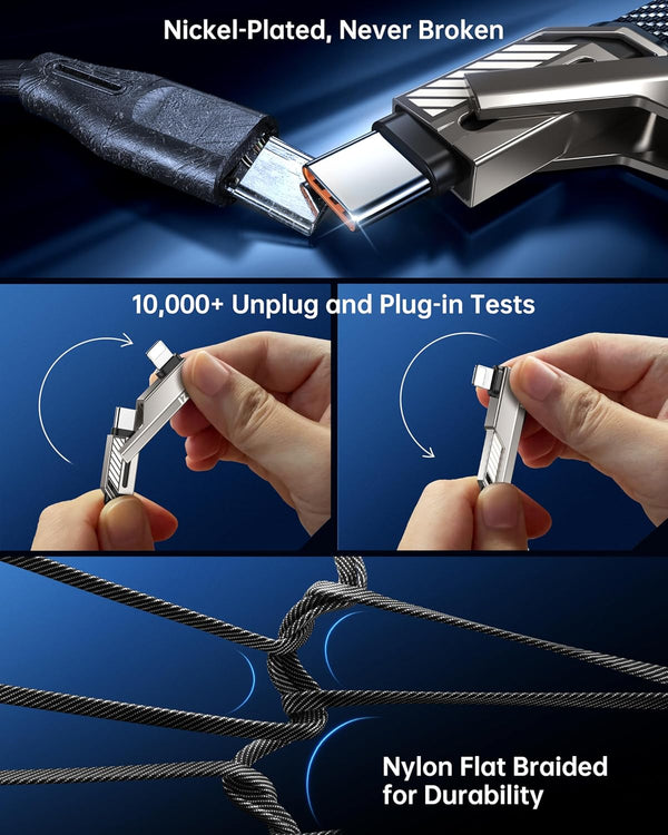 4-In-1 USB C Cable 5FT Lightn-Ing Cable 90 Degree Fast Charging Flat Nylon Braided for Iphone/Ipad Charger Cord Multi Charge Cord with