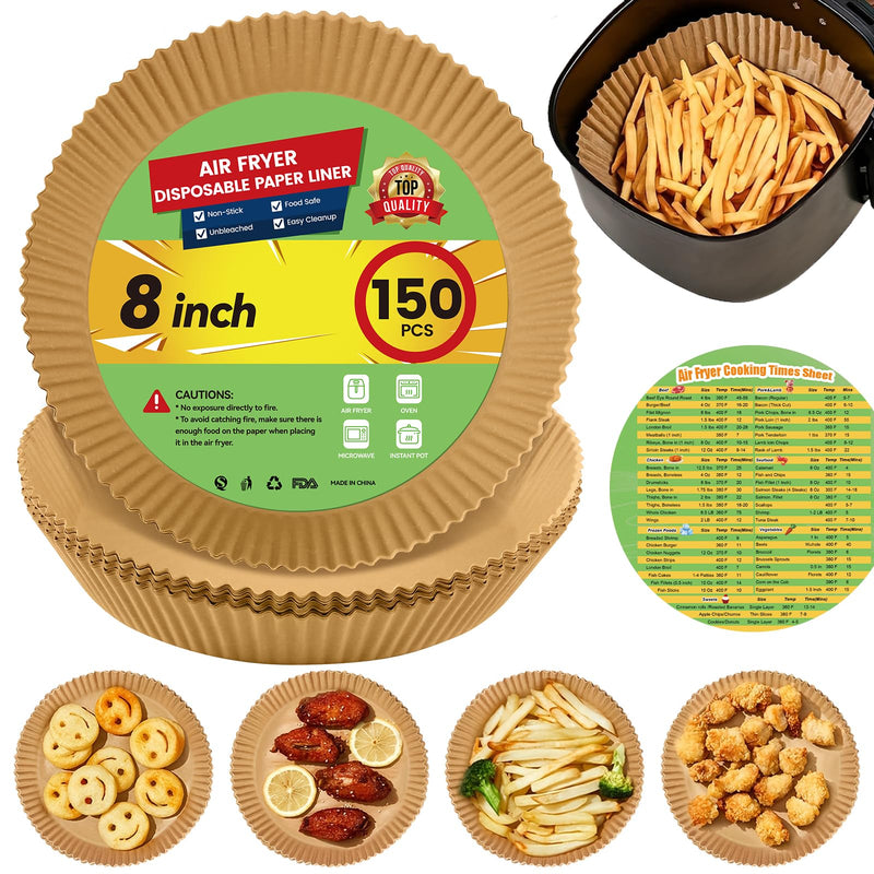 Air Fryer Paper Liners Disposable: 150Pcs 8 Inch Special round Liners for Air Fryer, Grease and Water Proof Non Stick Basket Parchment Paper