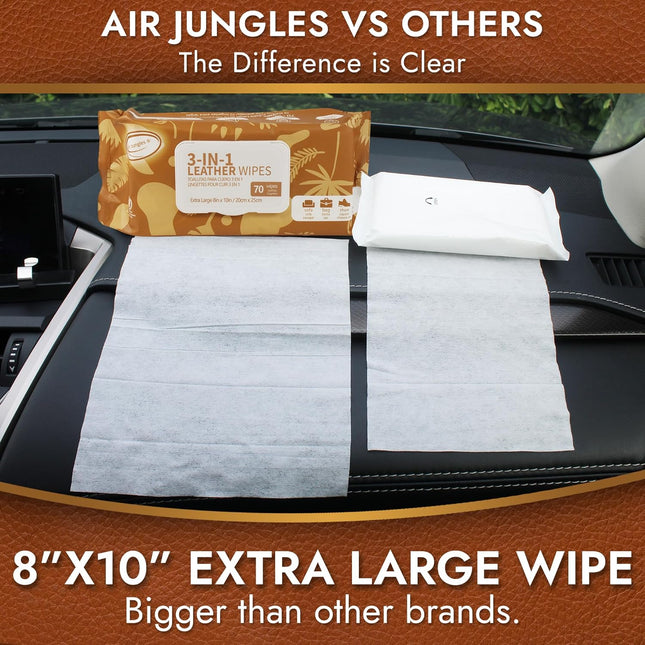 Air Jungles 3In1 Leather Cleaner Wipes 70 Count, Extra Large 8" X 10" Size, Clean Condition Protect Wipes for Vinyl and 
