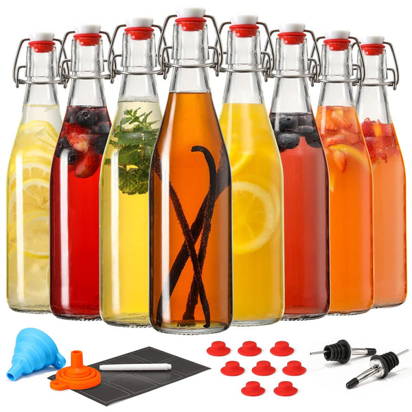 8 Set 16 OZ Swing Top Glass Bottles - Flip Top Beer Brewing Bottles with Stopper for Fermentation, Kombucha, Mead Kefir, Vanilla Extract, Juice,