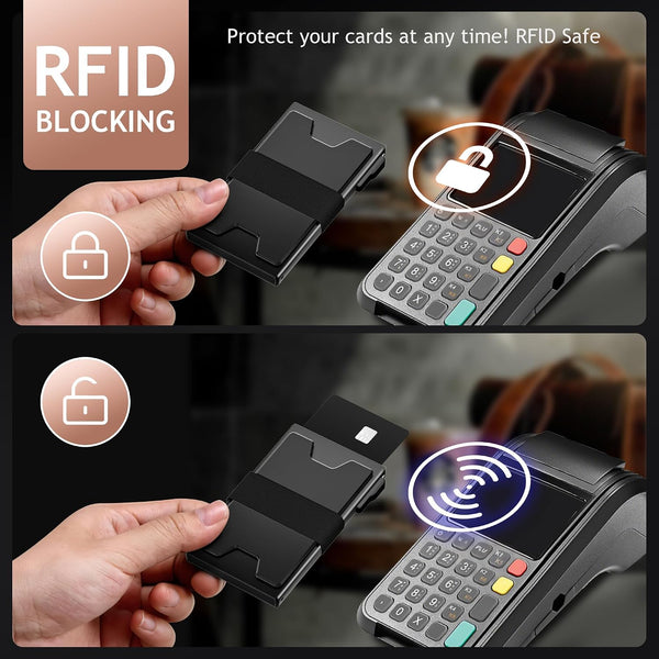 Slim Card Holder Wallet for Men, RFID Blocking Minimalist Mens Wallet, Metal Pop up Wallet with Cash Band (Black)