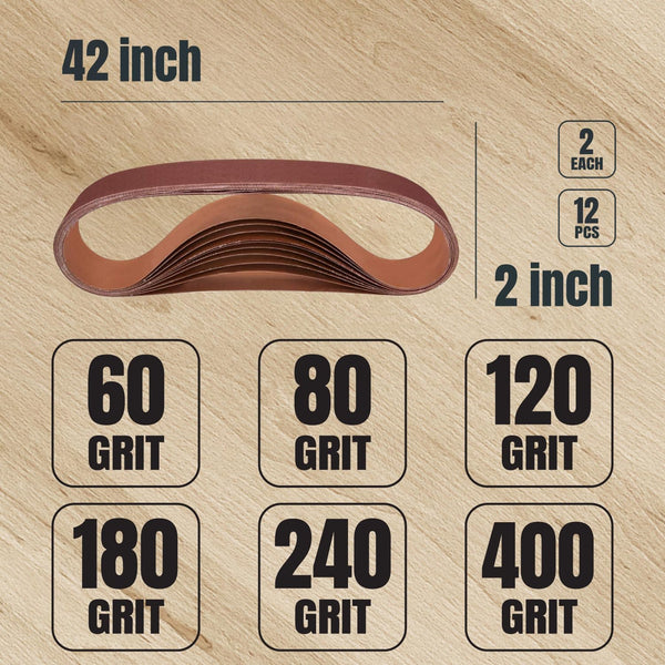POWERTEC 42420-1 2 X 42 Inch Sanding Belts, 2 Each of 60/80/120/180/240/400 Grits, 12PK, Aluminum Oxide Belt Sander Sanding Belt Assortment for