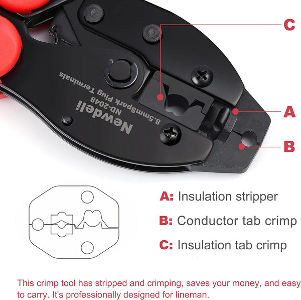 Spark Plug Wire Crimper, Newdeli Crimping Pliers for Spark Plug Stripping Tool, ND-2048 for Crimping and Stripping Spark Plug Wire, Dia