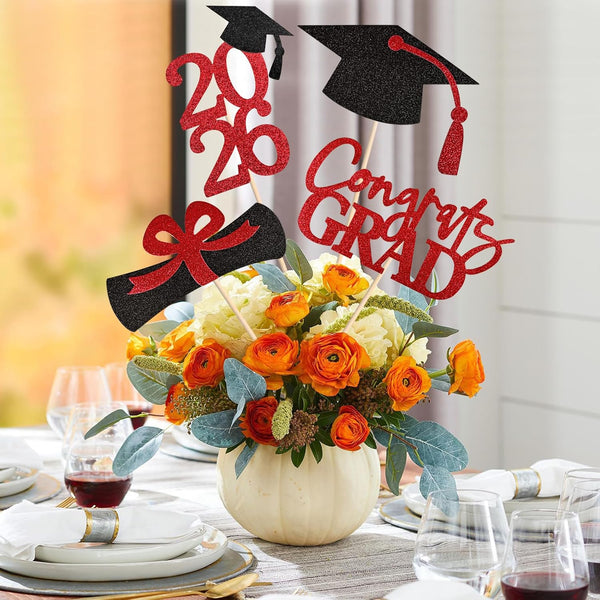 20 PCS Graduation Decorations Class of 2025, Black and Red Double-Sided Centerpieces, Grad Cap Sticks, Table Toppers, Graduation Party Decorations