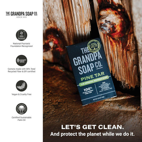 The Grandpa Soap Company Pine Tar Bar Soap for Men- Made With Pine Tar Oil, 3 in 1 Cleanser Deodorizer and Moisturizer, Dermatologist Tested, Safe