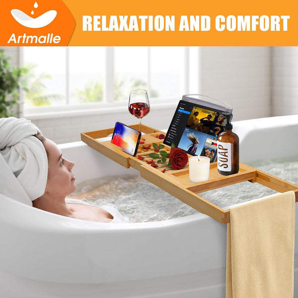 Artmalle Luxury Bathtub Caddy Tray for Tub - Foldable Bamboo Bath Table Tray with Book and Wine Glass Holder, Expandable Bathroom Accessories for