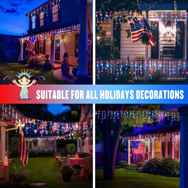 JMEXSUSS Icicle Lights for 4th of July Decor, 400 LED Red White and Blue | 38.8 Ft Icicle Lights for Outside, Independence Day Icicle String Light