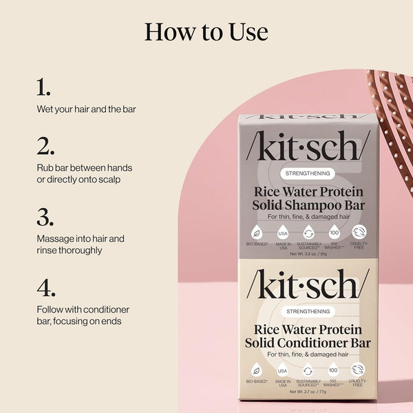 Kitsch Rice Water Shampoo & Conditioner Set - Solid Rice Water Shampoo & Conditioner Bar Soap for Hair Care, Strengthening & Nourishing Soap Bar,