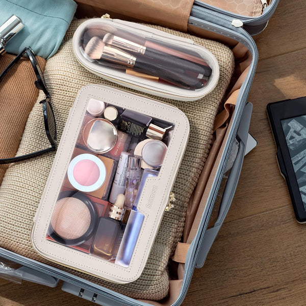 Travel Clear Makeup Bag with Makeup Brush Bag, Leather Make up Case Toiletry Bag, Portable Cosmetic Bag Case, Transparent Waterproof Cosmetic