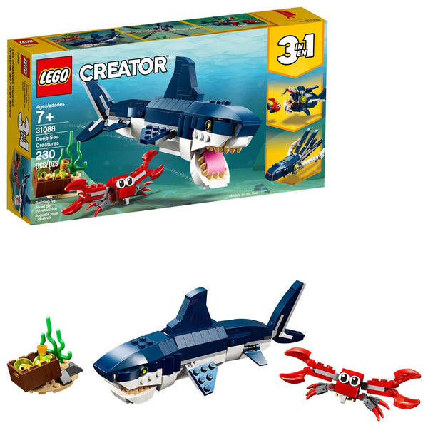 LEGO Creator 3 in 1 Deep Sea Creatures, Transforms from Shark and Crab to Squid to Angler Fish, Sea Animal Toys, Gifts for 7 Plus Year Old Girls