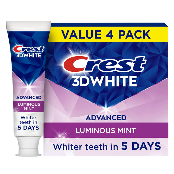 Crest 3D White Advanced, Teeth Whitening Toothpaste for Adults, 3.7 oz, 4 Pack, Cavity Protection Fluoride Toothpaste, Strengthens Enamel, Travel