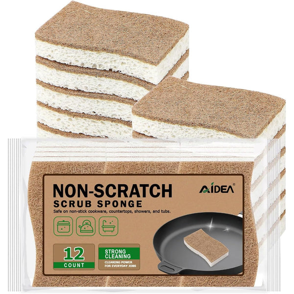 AIDEA Sponges Non Scratch, 12Count, Natural Sponge for Non Stick Cookware | Sponges Kitchen, Cellulose Scrub Sponge for Dishes, Cleaning Power for