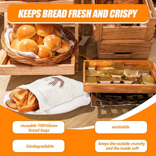 Dunzy 20 Pcs Linen Bread Bag for Homemade Bread Reusable 2 Sizes 10" x 12" and 11" x 17" Unbleached Container Drawstring Natural Bags Storage for