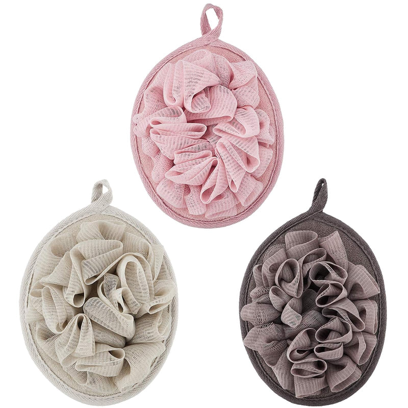 Boao 3 Pcs Bath Shower Pouf Sponge Mesh Pouf Shower Ball Exfoliating Body Sponge Pad Scrubber Glove with Flower Bath Ball (Khaki,Dark Brown,Dark