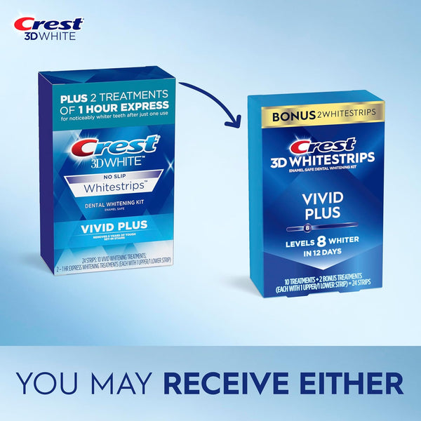 Crest 3Dwhitestrips Vivid plus Whitestrips 3D White, 10 Treatments + 1 Hour Express 2 Treatments Teeth Whitening Kit, 8 Levels Whiter, Crest Teeth