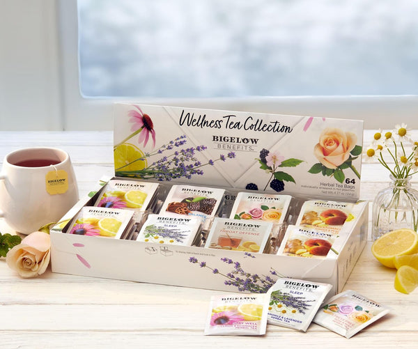 Bigelow Benefits Wellness Tea Collection, Variety Gift Box Sampler, 64 Tea Bags, (Pack of 1 Wellness Sampler 64 Count (Pack of 1)