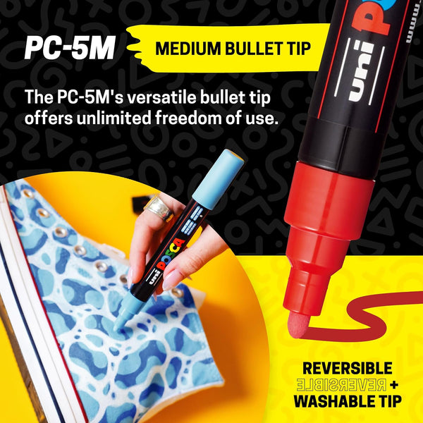 Posca Paint Markers, 5M Medium Acrylic Markers with Reversible Tips, Artist Recommended For Gifts, Fabric, Metal, Glass, Wood and Canvas, Assorted