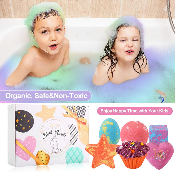 DUAIU 6Pcs Fizzy Bubble Bath Bombs for Kids & Women - Organic Natural Kids Bath Bomb Gift Set with Essential Oils, Fruit Fragrance and a Bathing