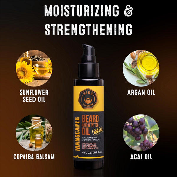 GIBS Beard, Hair & Tattoo Oil - Softens & Strengthens Beard Growth, Moisturizes Skin (4 Scents, 2 Sizes)