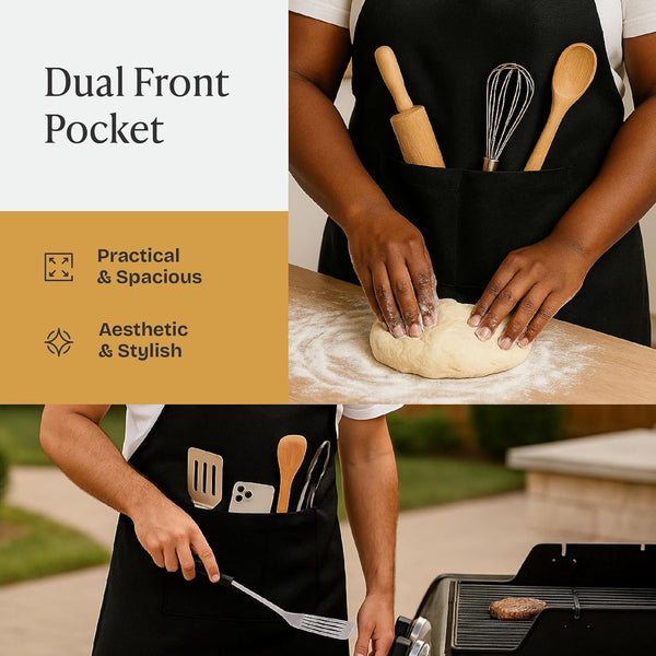 Will Well Chef Apron for Men and Women - 33" X 27" Large with 38" Waist Ties for a Comfy and Snug Fit, Durable and Lightweight, with 2 Spacious