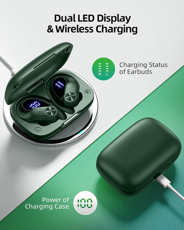 Pocbuds Bluetooth Headphones Wireless Earbuds 80Hrs Playtime Wireless Charging Case Digital Display Sports Ear Buds with Earhook Deep Bass IPX7