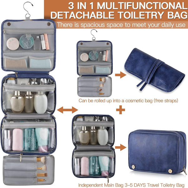 Elviros Hanging Toiletry Bag for Men PU Leather Shaving Dopp Kit (Blue) | 3-in-1 Waterproof Travel Organizer with Separate Compartments for