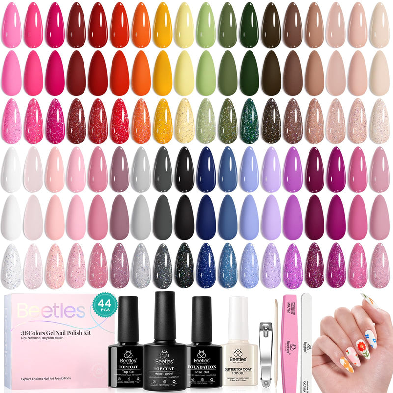 Beetles 44pcs Gel Nail Polish Set, Colorful Muse Collection, 36 Fall Colors | With Base Gloosy Matte Glitter Top Coat, Pink Nude Red Yellow Green