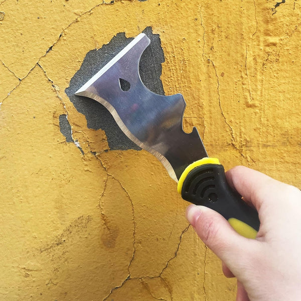9-in-1 Painter's Tool, Straight Scraper, Gouger, Roller Cleaner, Curved Scraper, Bottle Opener, Can Opener, Nail Puller, Screwdriver, Hammer |