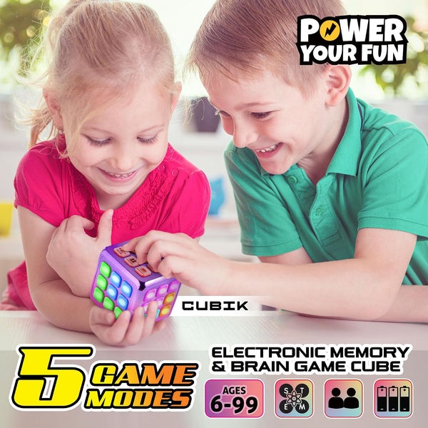 Power Your Fun Cubik LED Flashing Cube Memory Game - Electronic Handheld Game STEM Toy, 5 Brain Memory Games for Kids Brain Play Sensory Toys