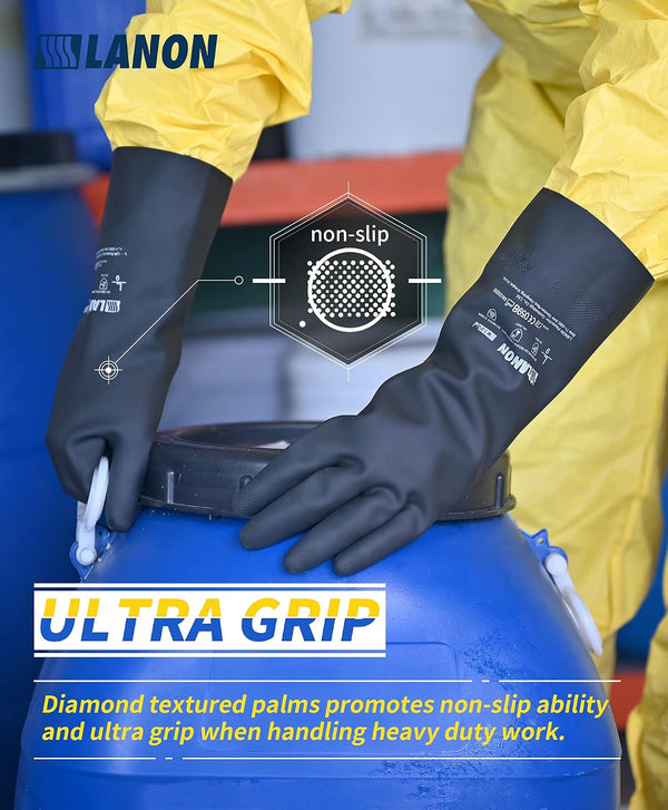 LANON Rubber Chemical Resistant Gloves, Reusable Heavy-duty Safety Work Gloves, Acid & Alkali Protection, Non-Slip, X Large X-Large (Pack of 1)