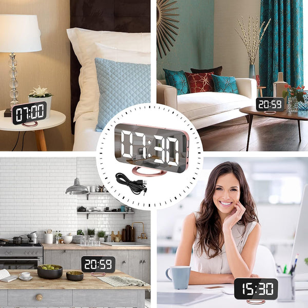 SZELAM Alarm Clock for Bedroom,LED and Mirror Digital Clock Large Display,with Dual USB Charger Ports,Auto Dim,Snooze Mode,Modern Desk/Wall