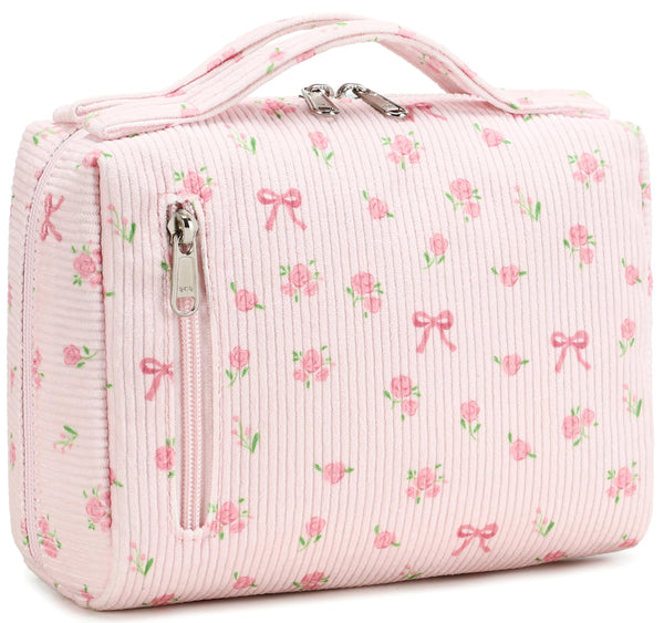 Bluboon Makeup Bag Zipper Pouch Travel Toiletry Bag Portable Cosmetic Bag Organizer for Women and Girls(Strawberry Corduroy Beige) Beige