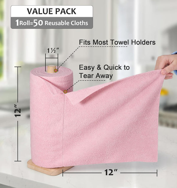 UPSTAR Microfiber Cleaning Cloth, Reusable Paper Towels Rolls, Dish Rags for Washing Dishes, Kitchen, Bathroom, Car, 12X12 Inch, 50 Packs/Roll, Pink