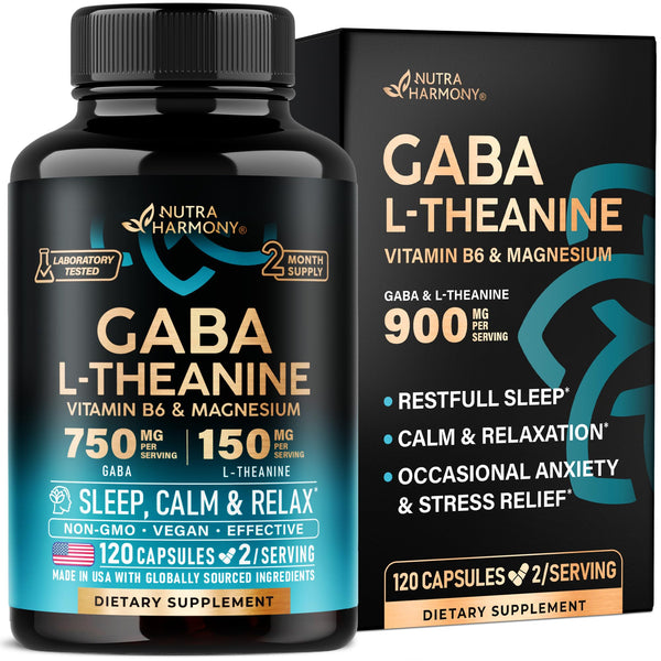GABA L-Theanine Supplement 900 mg - Calm, Sleep & Relaxation - 120 Caps | GABA 750 mg, L-Theanine 150 mg with Magnesium & Vitamin B6 -