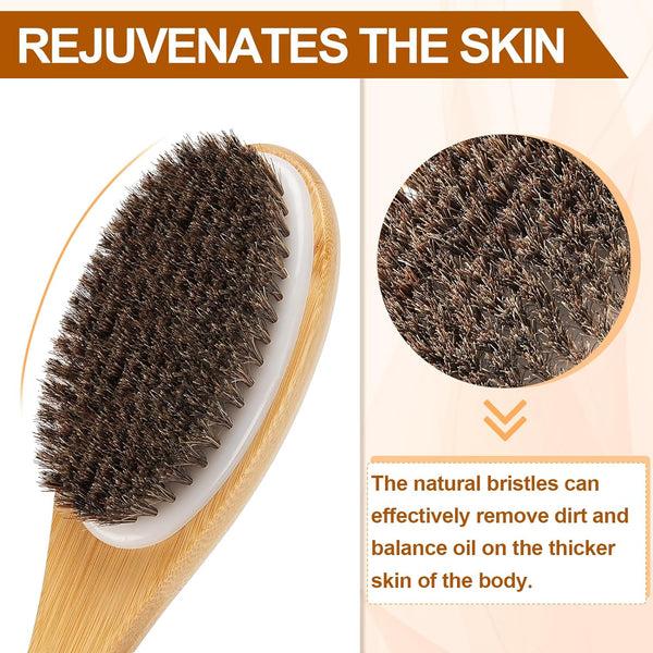 Exfoliating Back Scrubber for Shower with Curved Long Handle, 16.7 Inches Bamboo Body Brush with Natural Bristles for Wet or Dry Brushing, Body