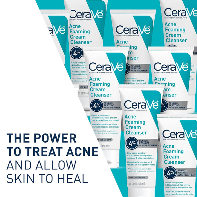 Cerave Acne Foaming Cream Cleanser, 4% Benzoyl Peroxide Face Wash with Hyaluroni