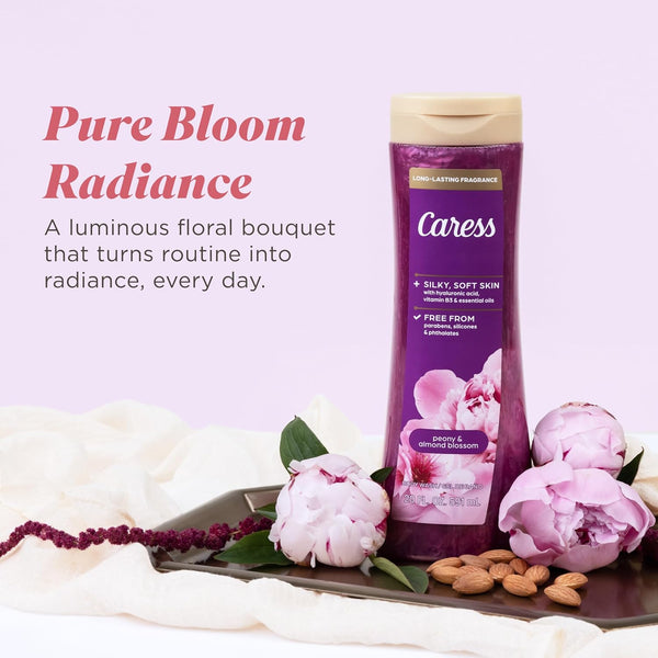 Caress Body Wash for Women, Peony & Almond Blossom, Shower Gel Moisturizing Body Wash for Fresh, Smooth Skin to Soothe and Unwind, 20 Fl Oz, (Pack