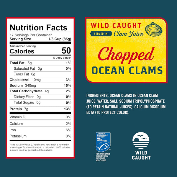 Snow's Ocean Chopped Clams Canned, 51 oz Can - 7g Protein per Serving - No MSG, 99% Fat Free - Great for Pasta & Seafood Recipes Chopped Ocean