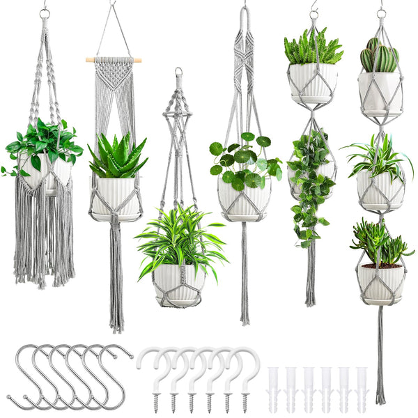 SFENNGPET Macrame Plant Hangers, 6Pack Hanging Planters for Indoor Plants Gray