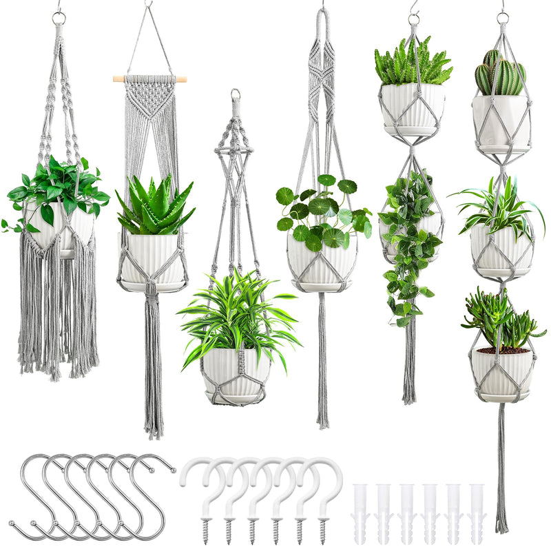 SFENNGPET Macrame Plant Hangers, 6Pack Hanging Planters for Indoor Plants Gray