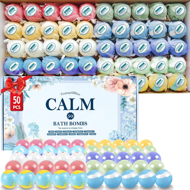 Bath Bombs Set with 10 Rich Scents, 50 PCS Bath Bombs for Women, Natural Bubble 