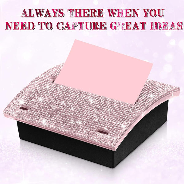 Eersida Rhinestone Self Stick Note Pad Holders 4 x 4 Inches Pink Cute Note Holder Sticky Dispenser Bling Memo Stick Dispenser for Office Employee