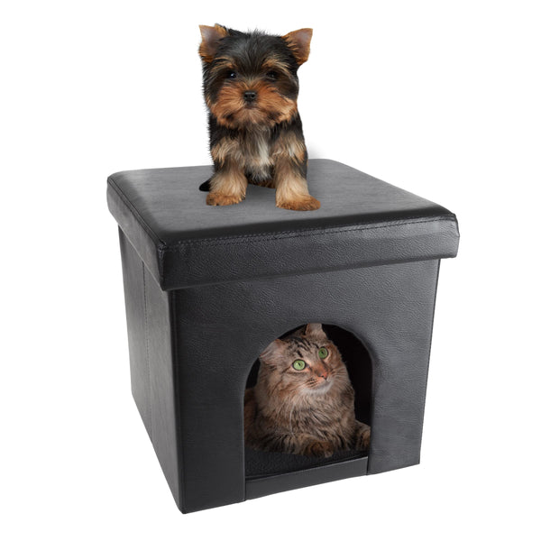 Cat House Ã¢ÂÂ Collapsible Multipurpose Small Dog or Cat Ottoman with Footrest, Cushioned Top, and Interior Pillow by PETMAKER (Black)