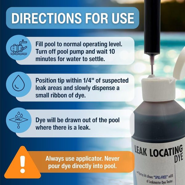 Leakmaster Pool Leak Detection Kit – 8 oz Blue Dye with Reusable Syringe – High-Visibility Leak Finder for Pools, Hot Tubs & Spas – 40+ Refills–