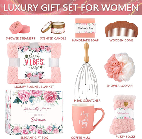 Solemon Pink Gift Baskets for Women - Valentines Day Gift Basket for Girlfriend, Teen Girls, Mom, Her, Wife