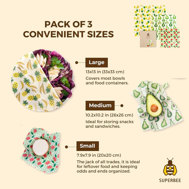 SUPERBEE Beeswax Wrap for Food, Set of 3 Bees Wax Wraps, Reusable Bees Paper for